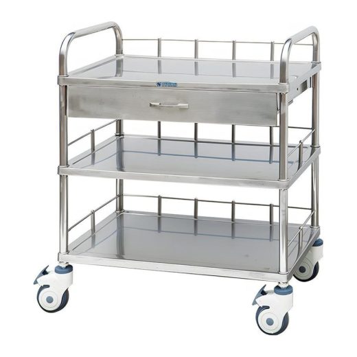 Three-Shelf Stainless Steel Instrument Trolley with Drawer