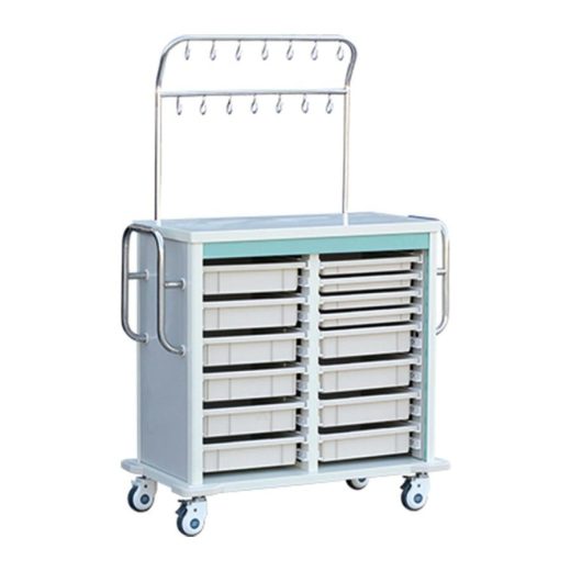 Medication Cart with Trays and Hook Rail